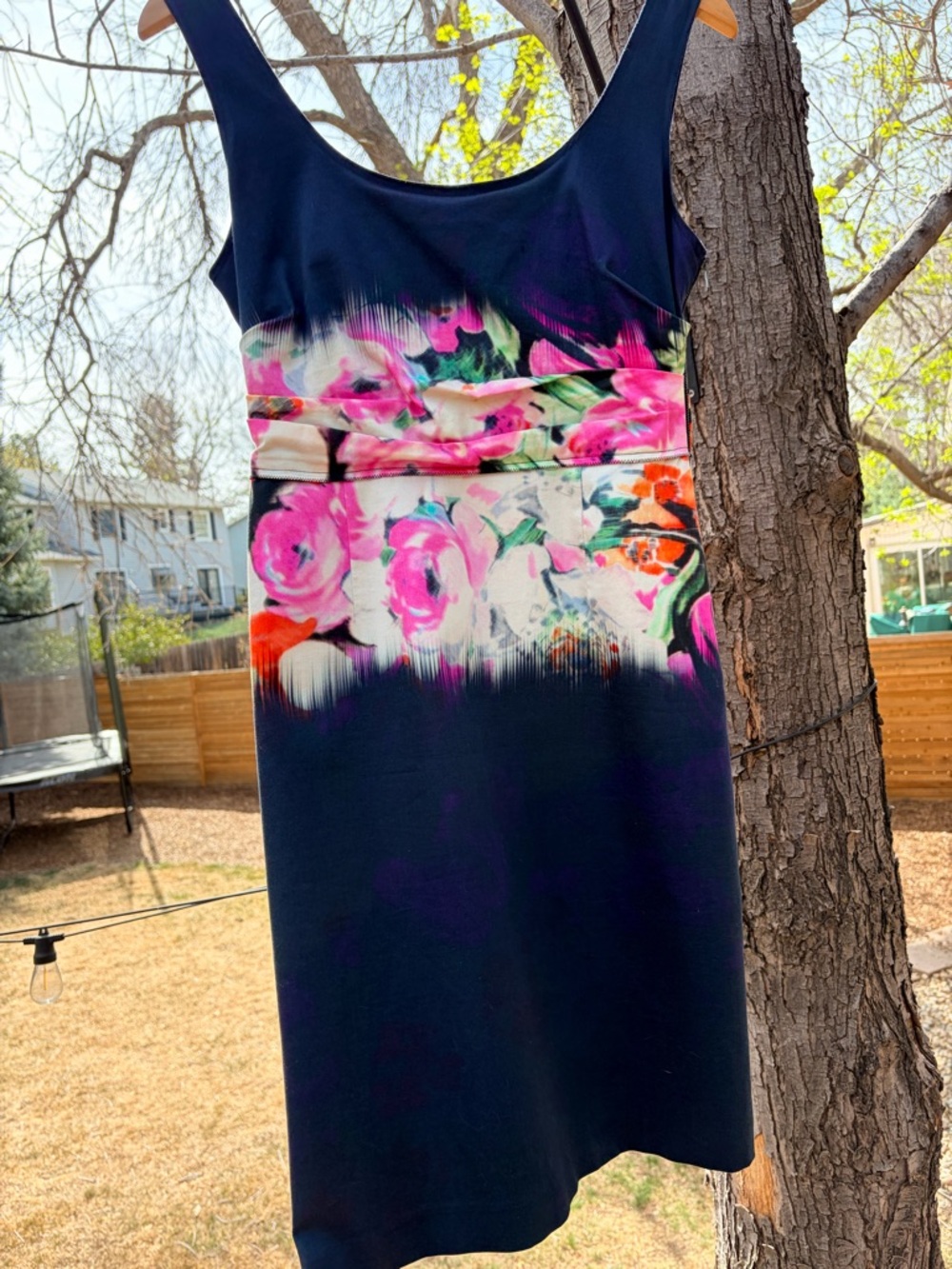 Elie Tahari Navy Midi Dress with Pink Floral waist.